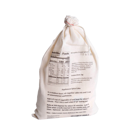 Natural fabric drawstring bag containing handcrafted applesauce spice cake mix with detailed nutrition facts and baking instructions, perfect for Kitchen & Food, Pantry, Dry Goods and Mixes, Best Sellers, Promo Eligible collections.