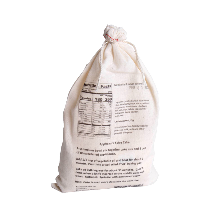 Natural fabric drawstring bag containing handcrafted applesauce spice cake mix with detailed nutrition facts and baking instructions, perfect for Kitchen & Food, Pantry, Dry Goods and Mixes, Best Sellers, Promo Eligible collections.