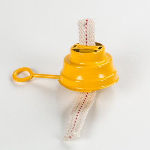 Handcrafted bright yellow metal burner cap with attached cotton wick featuring a red stripe, designed for durability in Camping, Lamps & Lighting, and Emergency Supplies collections.