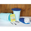 Light blue plastic sap collection buckets with blue lids, metal tapping tools, filter bags, and a maple sugaring instruction booklet, ideal for farm, garden, and maple syrup supplies.