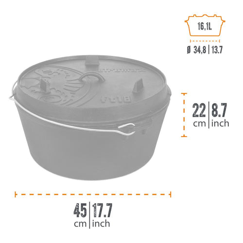 Durable cast iron Dutch oven with flat base and embossed lid featuring a dragon motif, equipped with a metal bail handle, ideal for Kitchen & Food, Cookware, Cast Iron, Best Sellers, Promo Eligible collections.