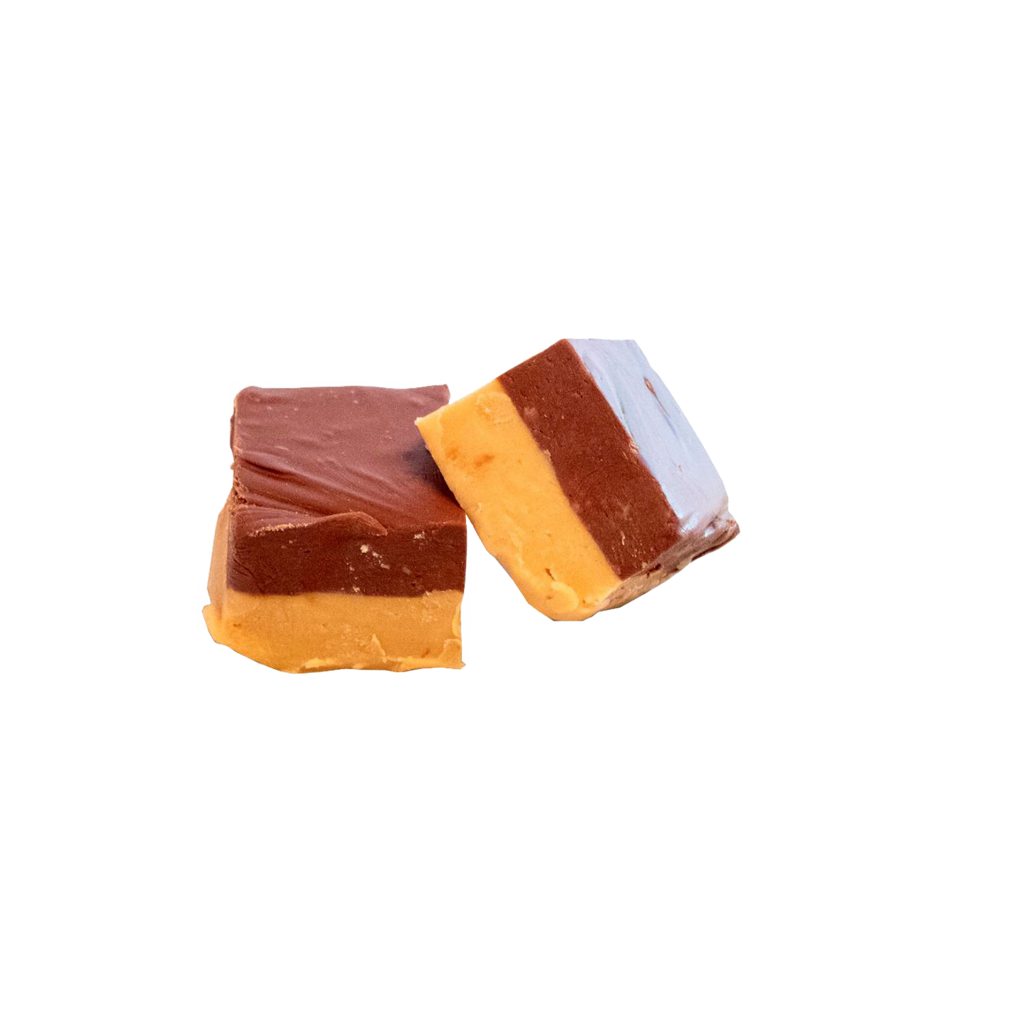 Two handcrafted two-layer fudge pieces with creamy caramel and rich chocolate layers, offering a smooth, melt-in-your-mouth experience, featured in Kitchen & Food, Snacks and Sweets, USA Made, Best Sellers, and Promo Eligible collections.