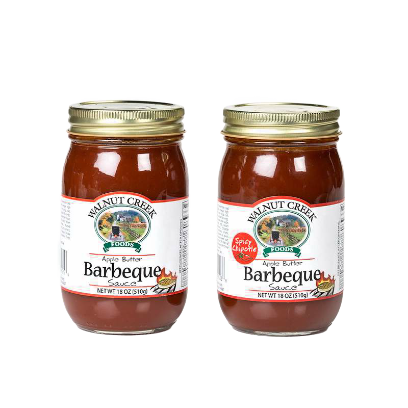 Pair of handcrafted jars of apple butter barbeque sauce in original and spicy chipotle flavors, made in USA, featured in Farm, Garden & Tool, Kitchen & Food, Apple Harvest Supplies, Food, Pantry, USA Made, Best Sellers, and Promo Eligible collections.