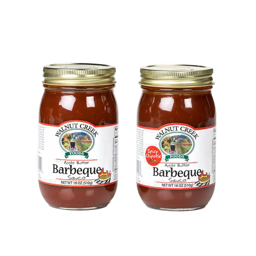 Pair of handcrafted jars of apple butter barbeque sauce in original and spicy chipotle flavors, made in USA, featured in Farm, Garden & Tool, Kitchen & Food, Apple Harvest Supplies, Food, Pantry, USA Made, Best Sellers, and Promo Eligible collections.