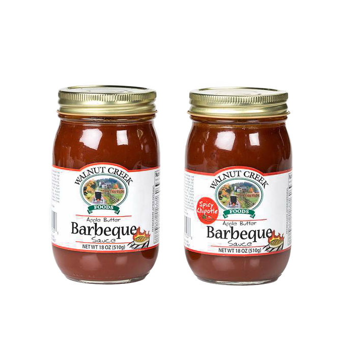 Pair of handcrafted jars of apple butter barbeque sauce in original and spicy chipotle flavors, made in USA, featured in Farm, Garden & Tool, Kitchen & Food, Apple Harvest Supplies, Food, Pantry, USA Made, Best Sellers, and Promo Eligible collections.