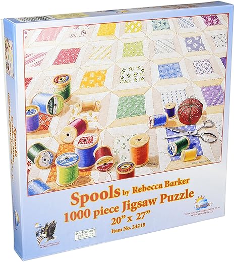 Boxed jigsaw puzzle featuring vibrant spools of colorful thread laid out on a hand-sewn quilt pattern, handcrafted and made in USA, ideal for Toys, Books & Games and Puzzles collections.