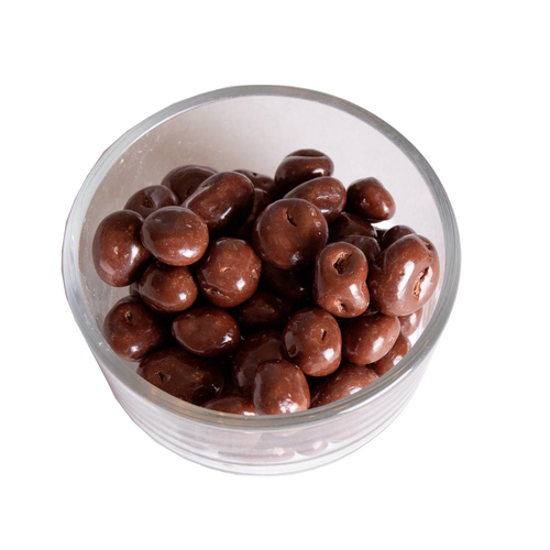 Clear glass bowl filled with glossy, handcrafted chocolate covered raisins made in USA, perfect for Kitchen & Food, Snacks and Sweets, Candy, USA Made, Best Sellers, and Promo Eligible collections.