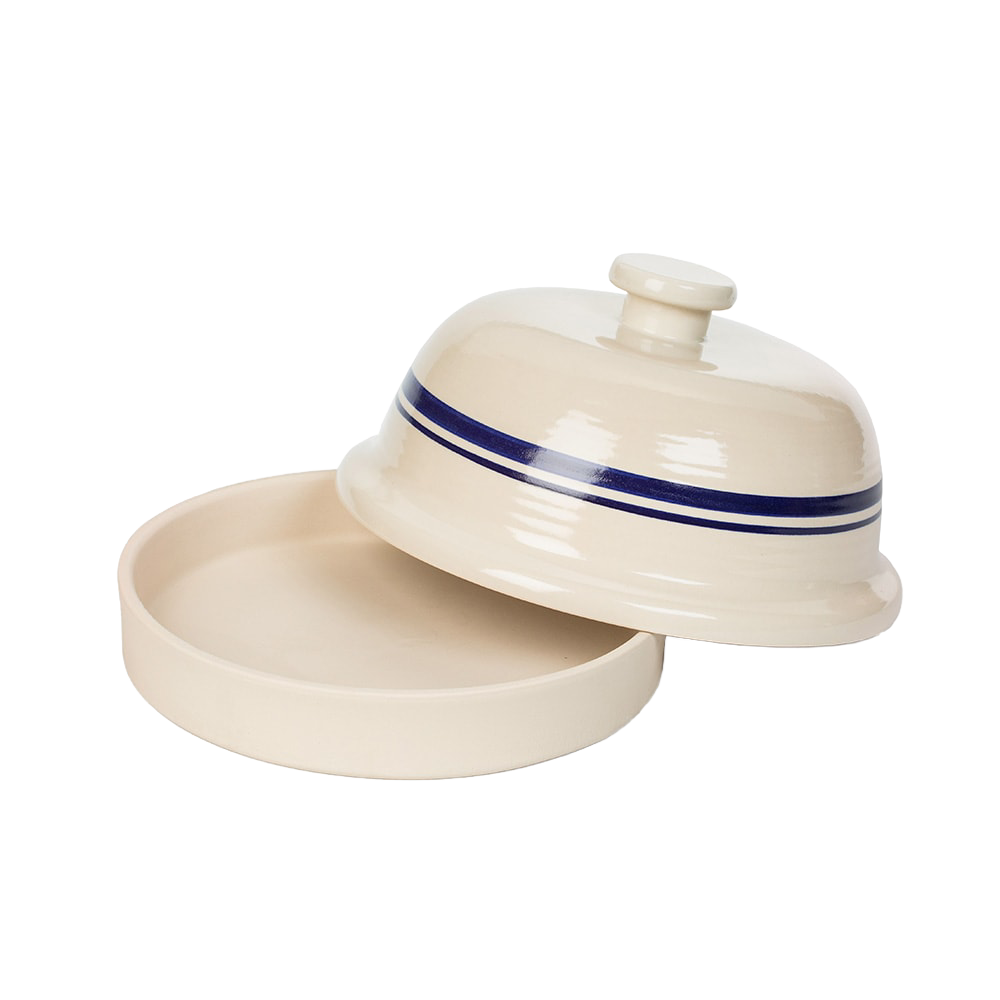 Bell-shaped stoneware bread baker in cream with blue stripes, handcrafted in USA, designed for Kitchen & Food, Cookware, Baking Supplies, and Bread Making collections.