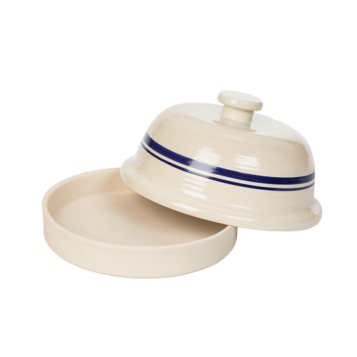 Bell-shaped stoneware bread baker in cream with blue stripes, handcrafted in USA, designed for Kitchen & Food, Cookware, Baking Supplies, and Bread Making collections.