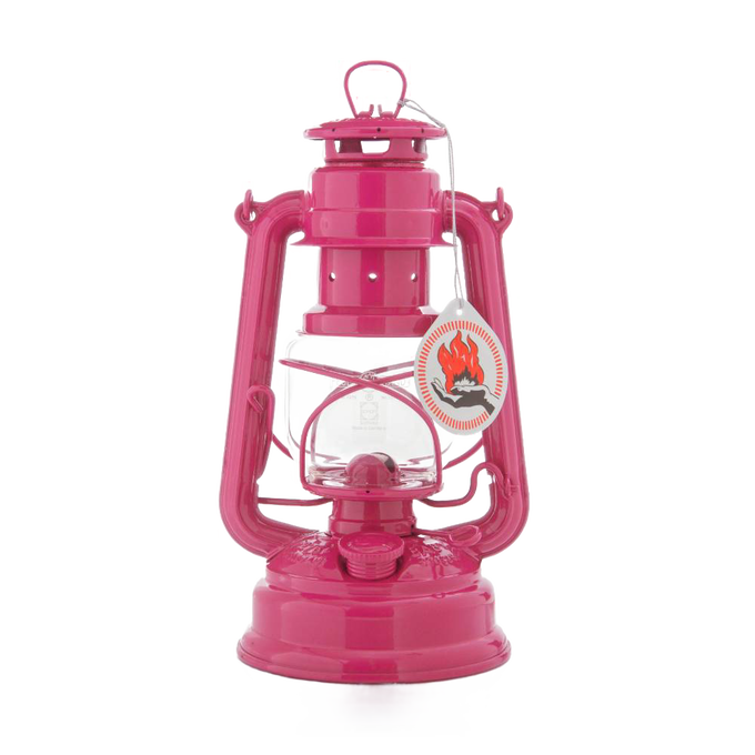 Handcrafted bright pink galvanized oil lantern featuring a thermal heat-resistant SUPRAX globe, ideal for Camping, Lamps & Lighting, Emergency Supplies, and outdoor activities.