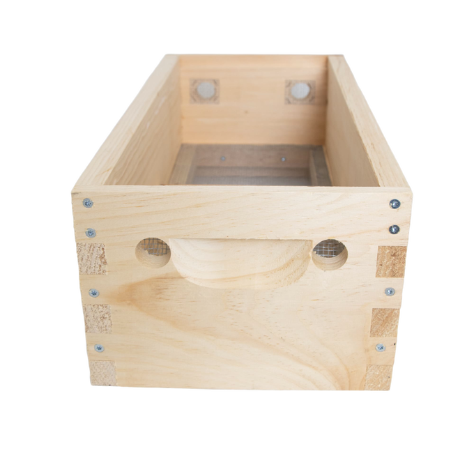 Handcrafted wooden hive topper box with ventilation holes, designed to control moisture and protect bees during winter, made in USA, Amish made, ideal for beekeeping supplies.