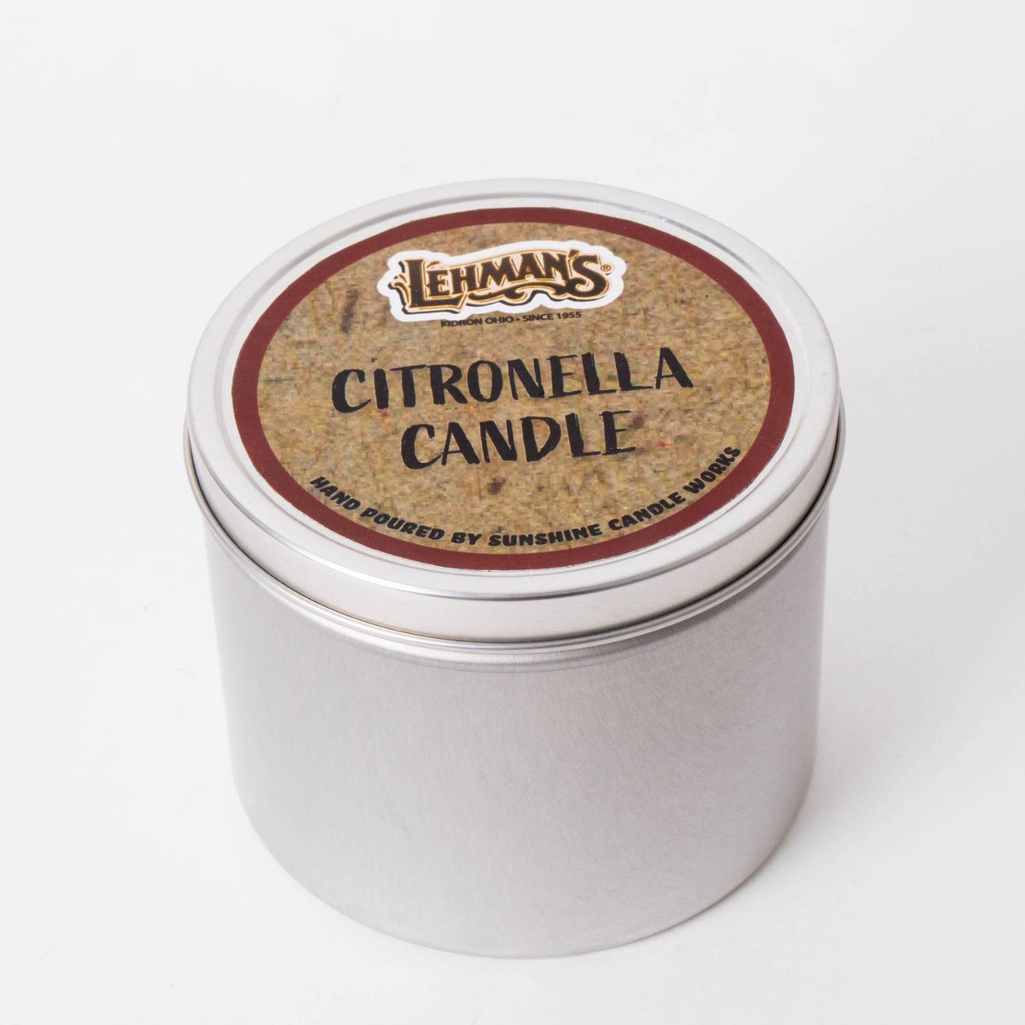 Handcrafted citronella candle tin with a simple brown label, designed for outdoor use in camping and pest control, featured in Farm, Garden & Tool and Candles collections.