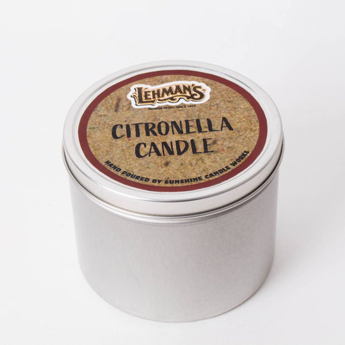 Handcrafted citronella candle tin with a simple brown label, designed for outdoor use in camping and pest control, featured in Farm, Garden & Tool and Candles collections.