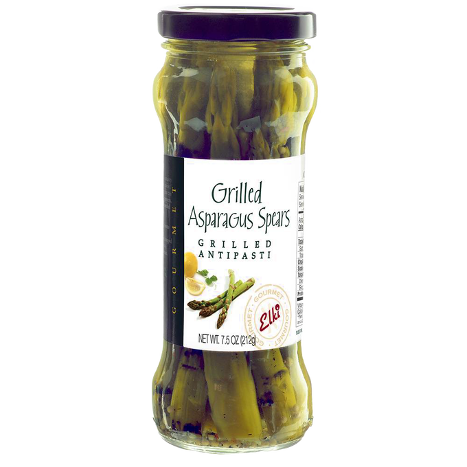 Glass jar of fire-grilled asparagus spears in marinade with deep purple lid, handcrafted for gourmet antipasti, featured in Kitchen & Food, Pantry, Best Sellers, and Promo Eligible collections.
