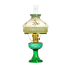 Handcrafted oil lamp with emerald glass base and floral-patterned drape font, featuring brass trim, designed for Lamps & Lighting, Oil Lamps, and Table Lamps collections.