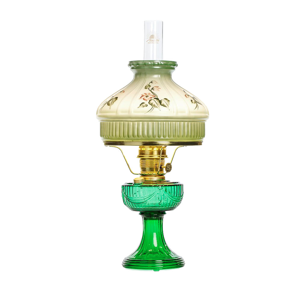 Handcrafted oil lamp with emerald glass base and floral-patterned drape font, featuring brass trim, designed for Lamps & Lighting, Oil Lamps, and Table Lamps collections.