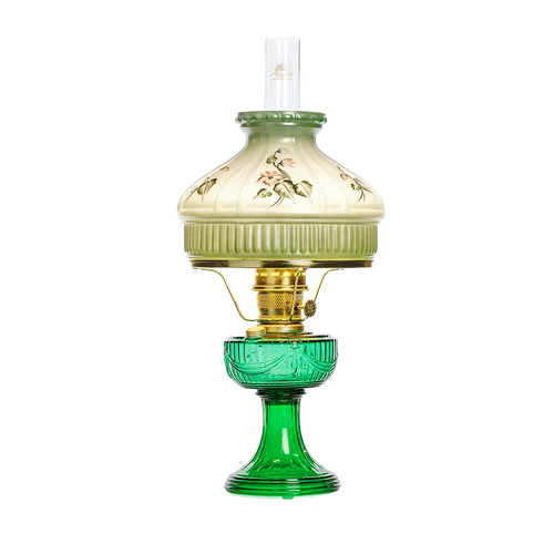 Handcrafted oil lamp with emerald glass base and floral-patterned drape font, featuring brass trim, designed for Lamps & Lighting, Oil Lamps, and Table Lamps collections.