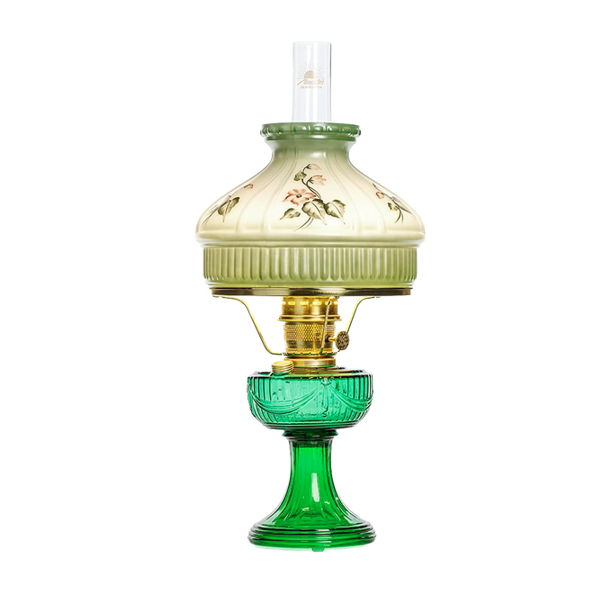 Handcrafted oil lamp with emerald glass base and floral-patterned drape font, featuring brass trim, designed for Lamps & Lighting, Oil Lamps, and Table Lamps collections.