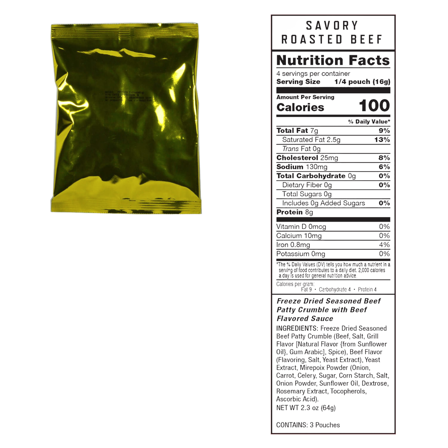 Gold vacuum-sealed freeze-dried beef pouch with detailed nutrition facts panel showing calories and ingredients, designed for long-term emergency food storage in Farm, Garden & Tool and Pantry collections.