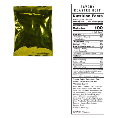 Gold vacuum-sealed freeze-dried beef pouch with detailed nutrition facts panel showing calories and ingredients, designed for long-term emergency food storage in Farm, Garden & Tool and Pantry collections.