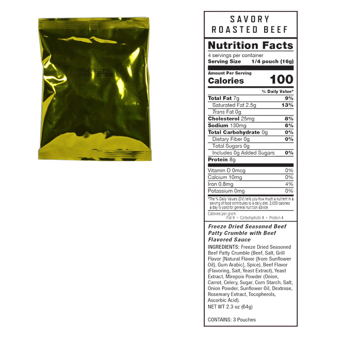 Gold vacuum-sealed freeze-dried beef pouch with detailed nutrition facts panel showing calories and ingredients, designed for long-term emergency food storage in Farm, Garden & Tool and Pantry collections.
