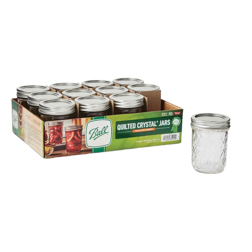 Pack of twelve clear quilted glass jars with metal lids, crafted in the USA for food preservation and canning, featured in Kitchen & Food, Canning, and Best Sellers collections.