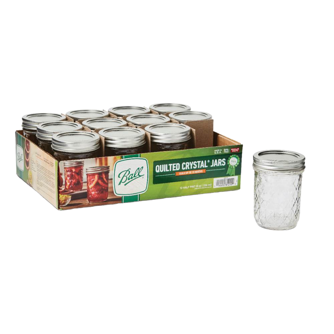 Pack of twelve clear quilted glass jars with metal lids, crafted in the USA for food preservation and canning, featured in Kitchen & Food, Canning, and Best Sellers collections.