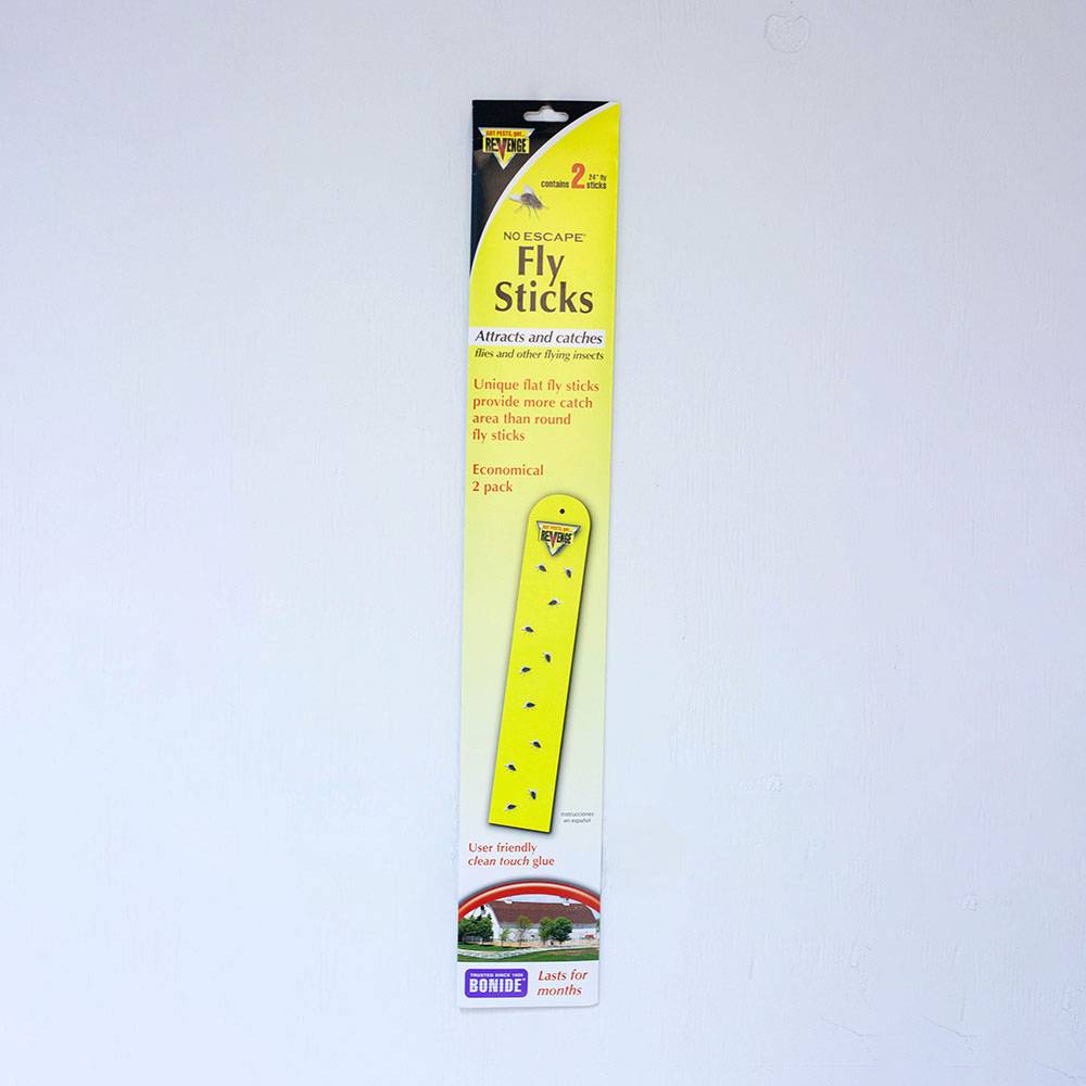 Package of two yellow flat fly sticks coated with clear glue for catching flies and flying insects, designed for effective pest control in farm, garden, and tool use.