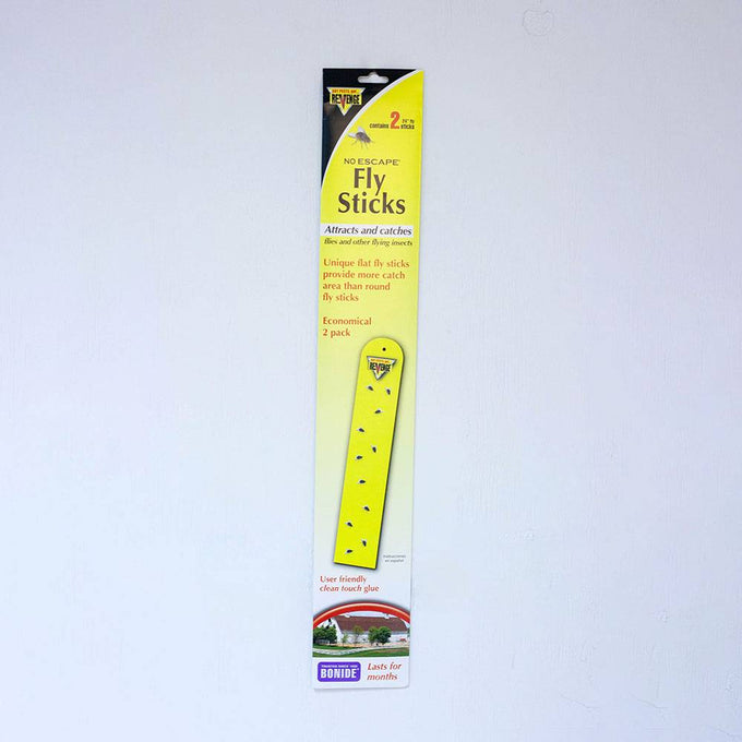 Package of two yellow flat fly sticks coated with clear glue for catching flies and flying insects, designed for effective pest control in farm, garden, and tool use.