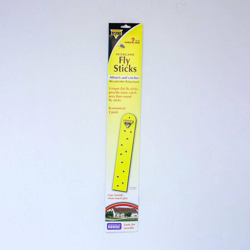 Package of two yellow flat fly sticks coated with clear glue for catching flies and flying insects, designed for effective pest control in farm, garden, and tool use.
