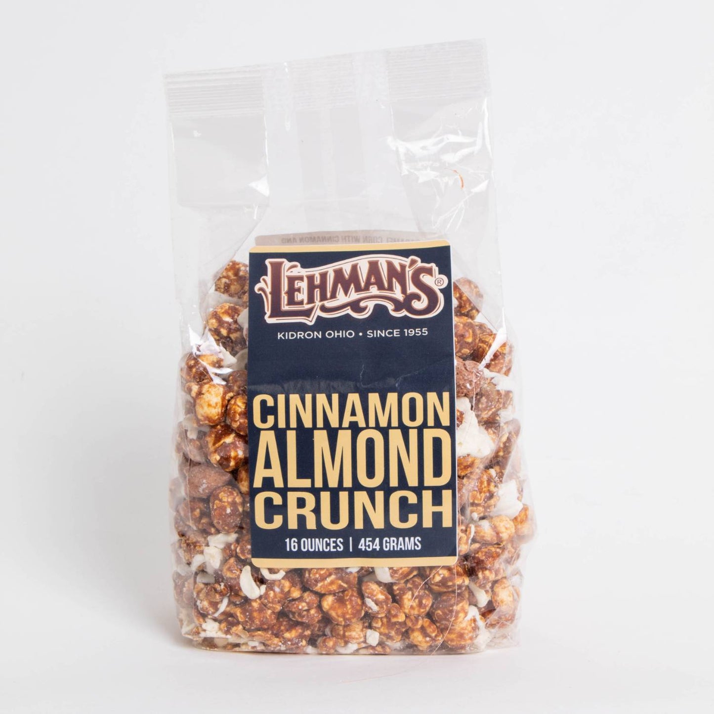 Clear bag of handcrafted cinnamon almond crunch popcorn, showcasing a unique caramel-flavored snack made in USA, part of Kitchen & Food, Snacks and Sweets, Popcorn, and Best Sellers collections.