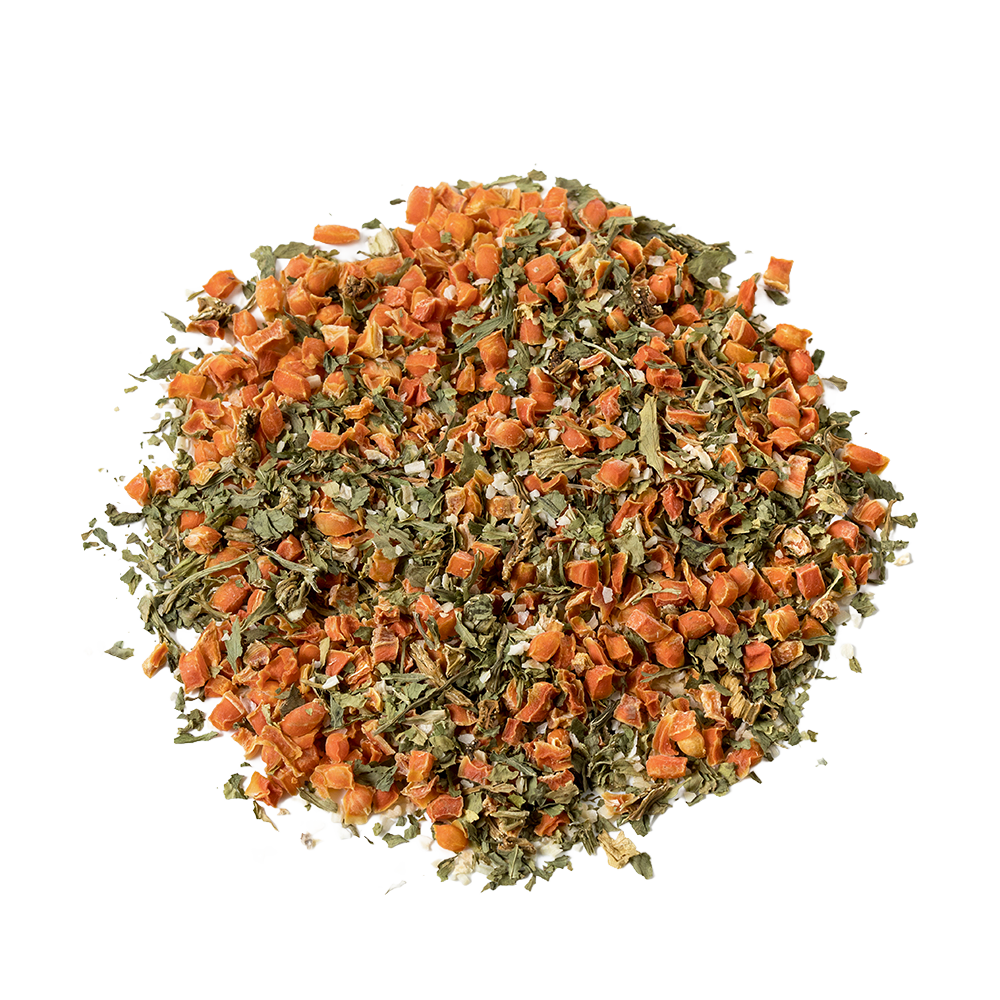 A loose pile of dried diced carrots, celery, and onion pieces in natural colors, ideal for pantry storage, emergency supplies, and use in Farm, Garden & Tool and Kitchen & Food collections.
