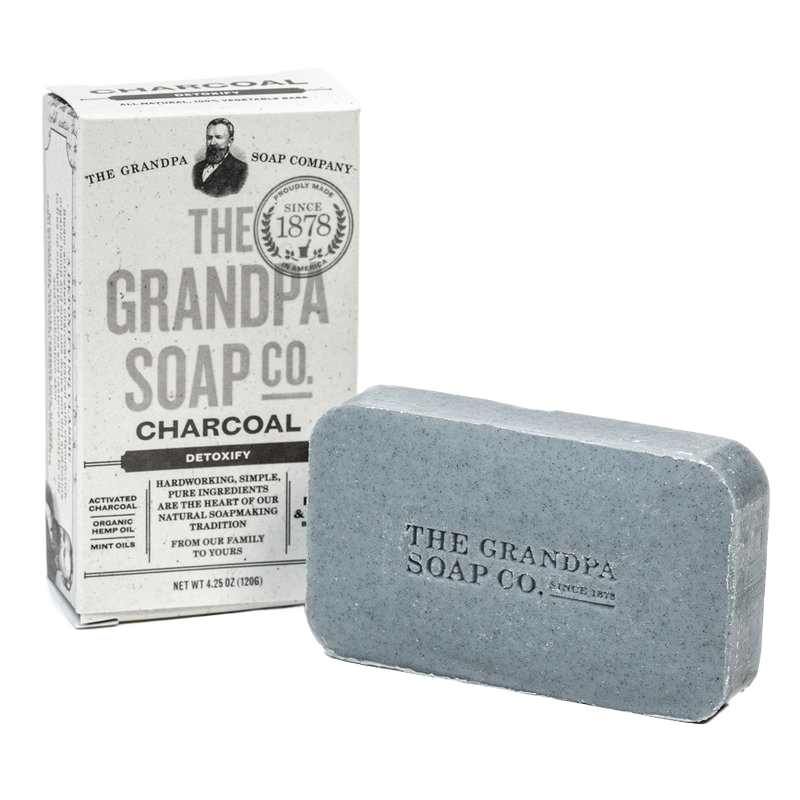 Handcrafted charcoal soap bar with natural detoxifying ingredients and vintage-style packaging, part of Health & Wellness, Soaps, Grooming, USA Made, and Best Sellers collections.