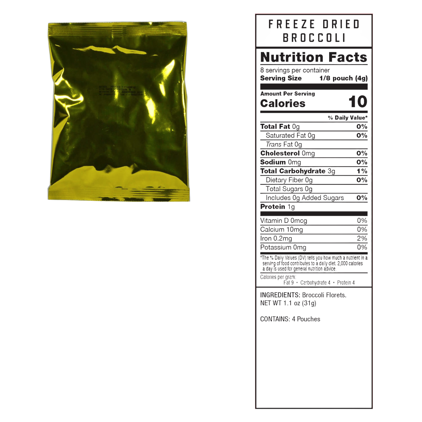 Reflective gold emergency food packaging pouch beside a detailed freeze-dried product nutritional facts label, suitable for Kitchen & Food, Emergency Supplies, and USA Made collections.