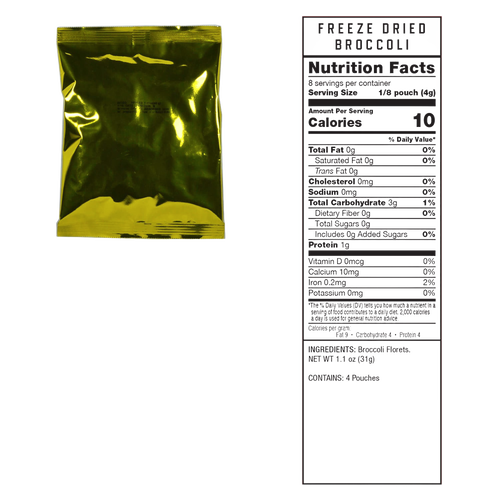 Reflective gold emergency food packaging pouch beside a detailed freeze-dried product nutritional facts label, suitable for Kitchen & Food, Emergency Supplies, and USA Made collections.