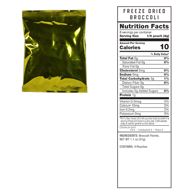 Reflective gold emergency food packaging pouch beside a detailed freeze-dried product nutritional facts label, suitable for Kitchen & Food, Emergency Supplies, and USA Made collections.