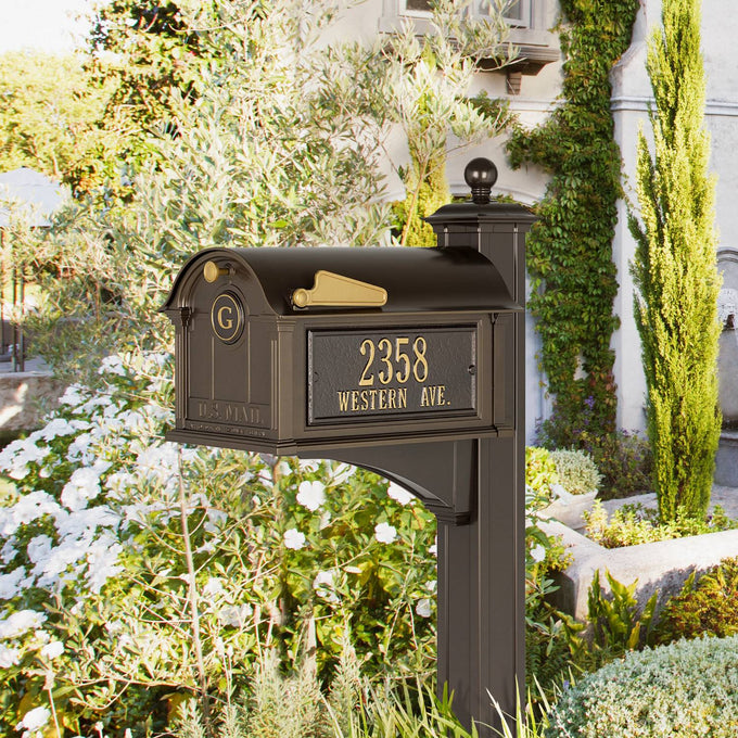 Elegant bronze and gold personalized mailbox with monogram and street address on a decorative post, handcrafted in the USA, enhancing curb appeal in home and decor collections.