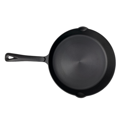 Handcrafted nitrogen hardened cast iron skillet with smooth, stick-resistant surface and dual pouring spouts, featured in Kitchen & Food, Cookware, Cast Iron, Best Sellers, and Promo Eligible collections.