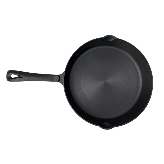 Handcrafted nitrogen hardened cast iron skillet with smooth, stick-resistant surface and dual pouring spouts, featured in Kitchen & Food, Cookware, Cast Iron, Best Sellers, and Promo Eligible collections.