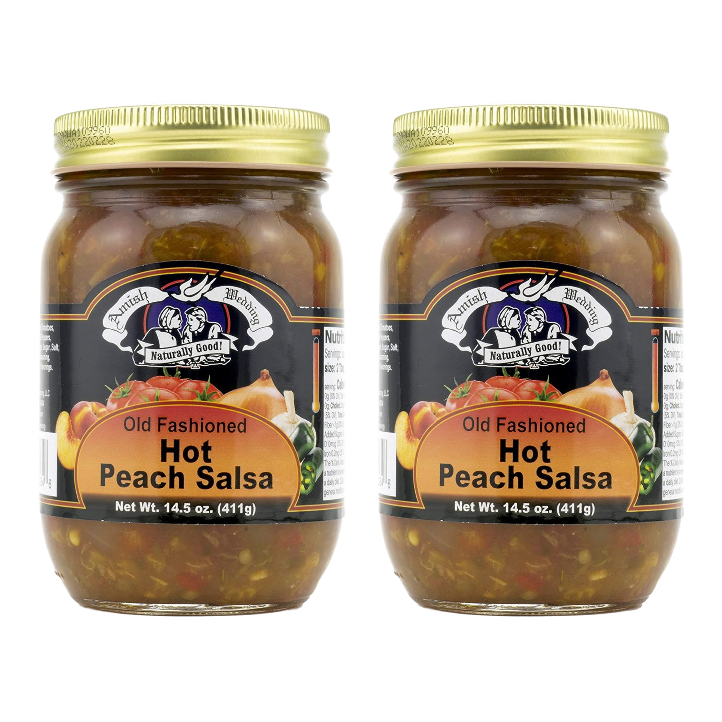 Two handcrafted 14.5-ounce jars of Amish-style hot peach salsa with thick, chunky kettle-cooked texture, made in USA, perfect for Kitchen & Food, Snacks and Sweets, Pantry, and Best Sellers collections.