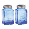 Set of two retro blue glass shakers with stainless steel lids, 8 oz capacity each, designed for Kitchen & Food, Dinnerware, Best Sellers, and Promo Eligible collections.