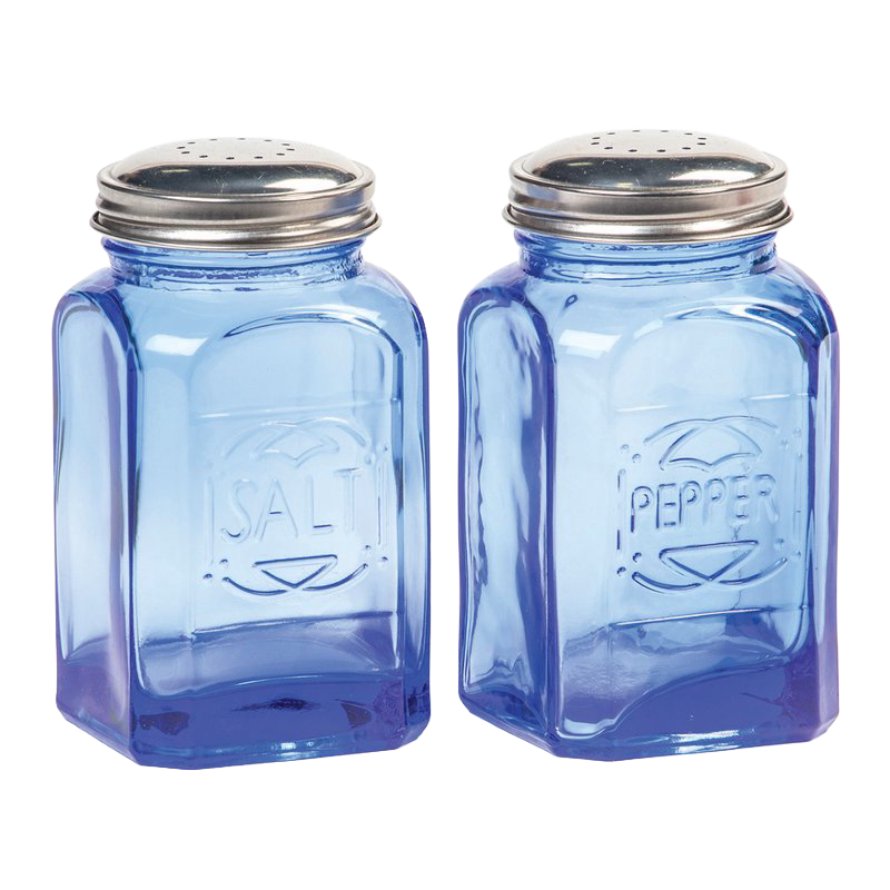 Set of two retro blue glass shakers with stainless steel lids, 8 oz capacity each, designed for Kitchen & Food, Dinnerware, Best Sellers, and Promo Eligible collections.
