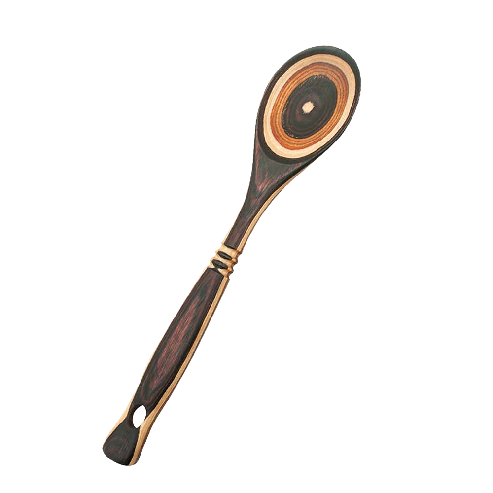 Handcrafted pakkawood spoon with distinctive concentric color rings in natural wood tones, sturdy and heat resistant, perfect for Kitchen & Food and Kitchen Gadgets collections.