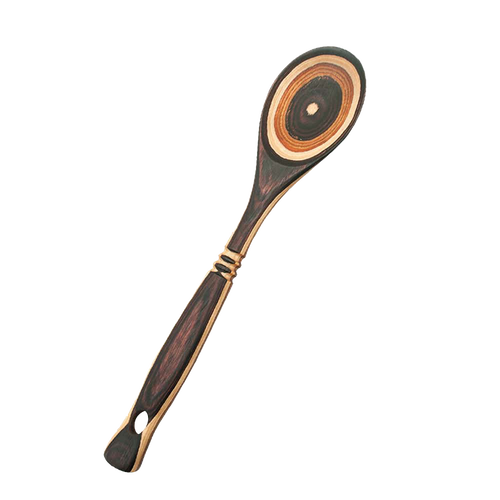 Handcrafted pakkawood spoon with distinctive concentric color rings in natural wood tones, sturdy and heat resistant, perfect for Kitchen & Food and Kitchen Gadgets collections.