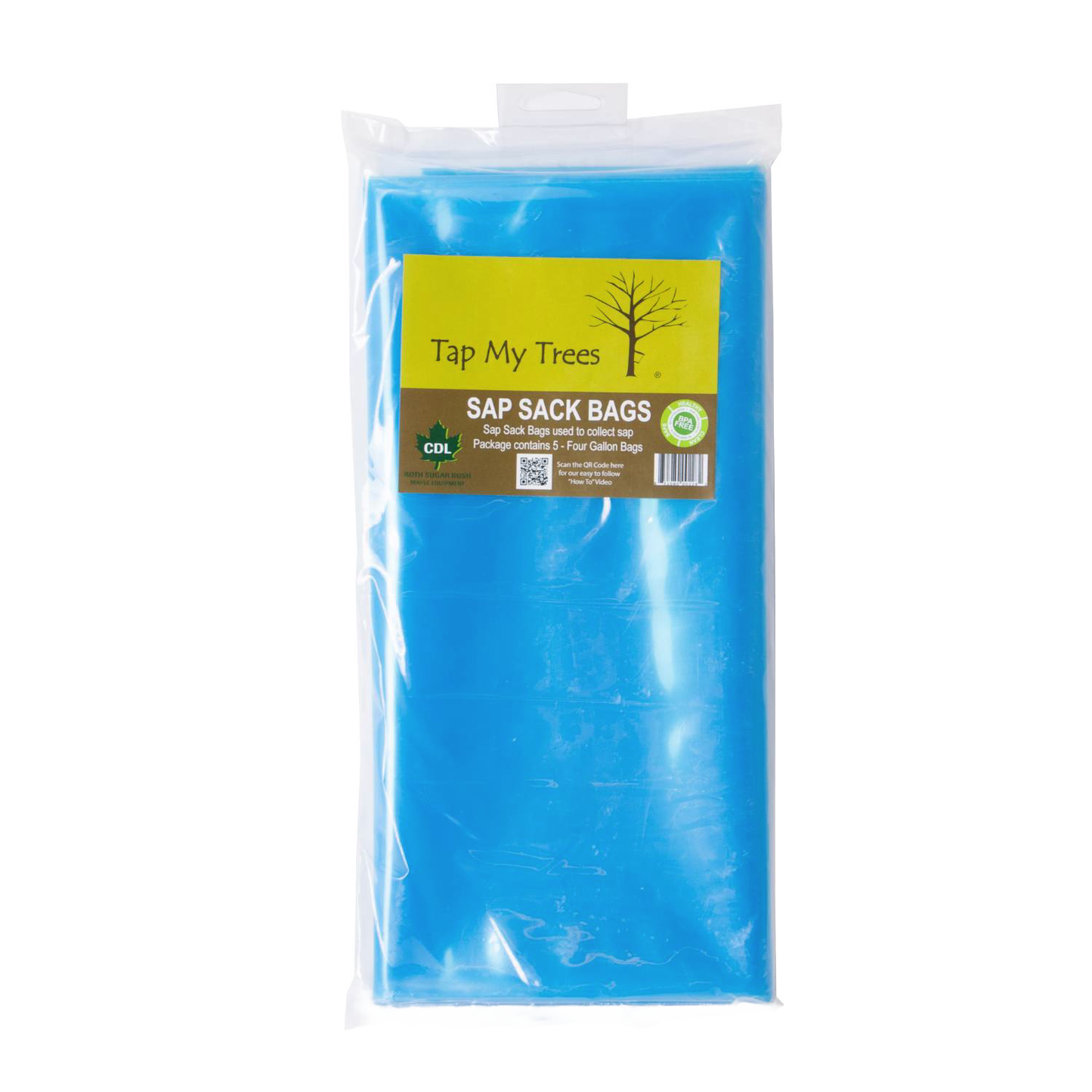 Pack of five blue semi-transparent sap collection bags with green and yellow label, designed to keep contaminants out while collecting up to 4 gallons of sap; featured in Farm, Garden & Tool, Orchard and Grove, Maple Syrup Sugaring Supplies, Best Sellers, Promo Eligible collections.