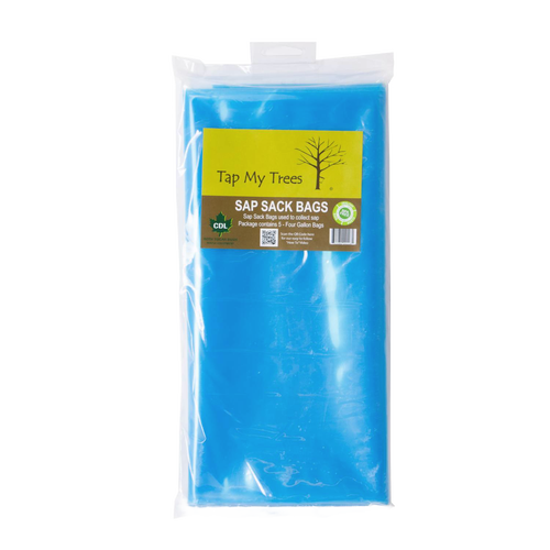 Pack of five blue semi-transparent sap collection bags with green and yellow label, designed to keep contaminants out while collecting up to 4 gallons of sap; featured in Farm, Garden & Tool, Orchard and Grove, Maple Syrup Sugaring Supplies, Best Sellers, Promo Eligible collections.