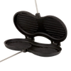 Cast iron burger iron with hinged round ridged molds designed for searing patties over an open flame, ideal for outdoor cooking and camping cookware collections.