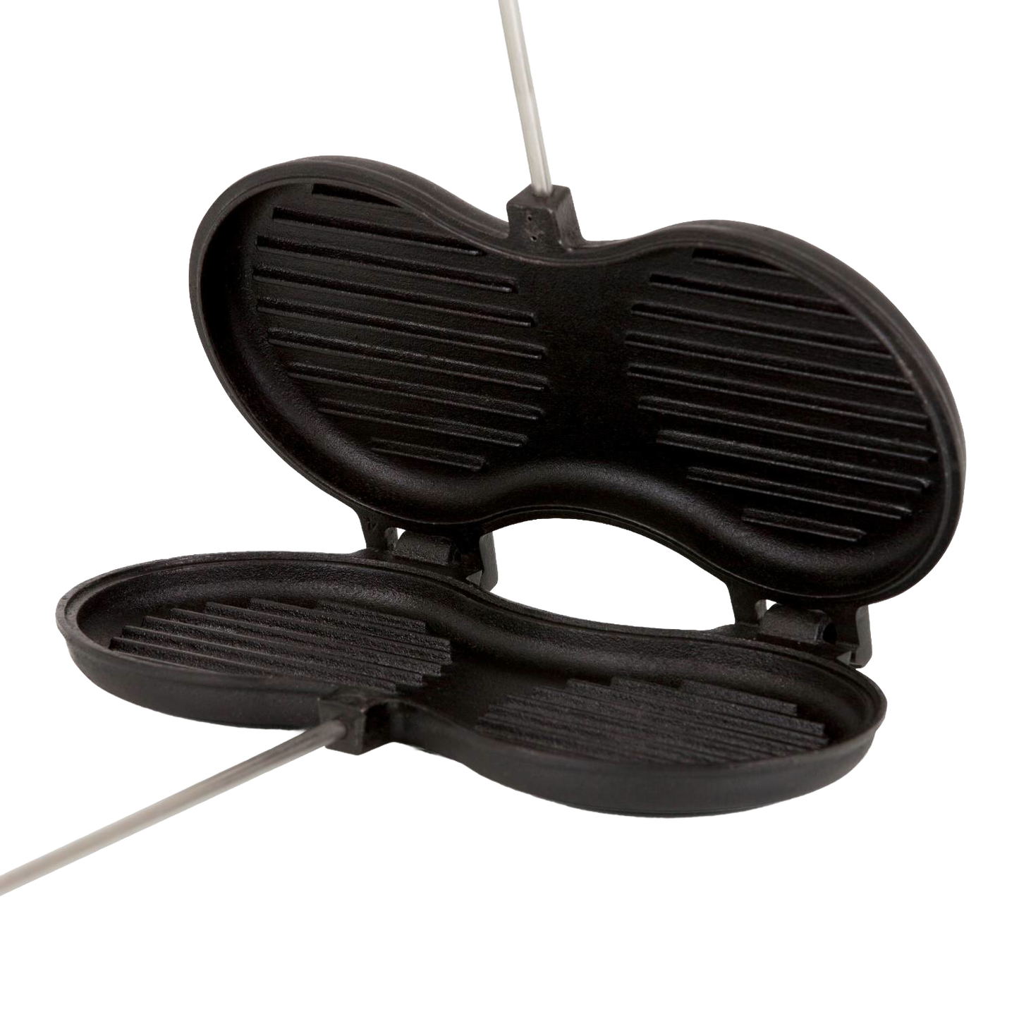 Cast iron burger iron with hinged round ridged molds designed for searing patties over an open flame, ideal for outdoor cooking and camping cookware collections.