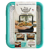 Turquoise Fancy Panz cover fitted securely over a 9x13 foil pan filled with cooked pasta dish, featuring a clear removable window and sturdy design for Kitchen & Food, USA Made, and Storage collections.