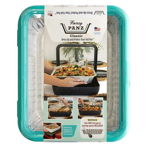 Turquoise Fancy Panz cover fitted securely over a 9x13 foil pan filled with cooked pasta dish, featuring a clear removable window and sturdy design for Kitchen & Food, USA Made, and Storage collections.